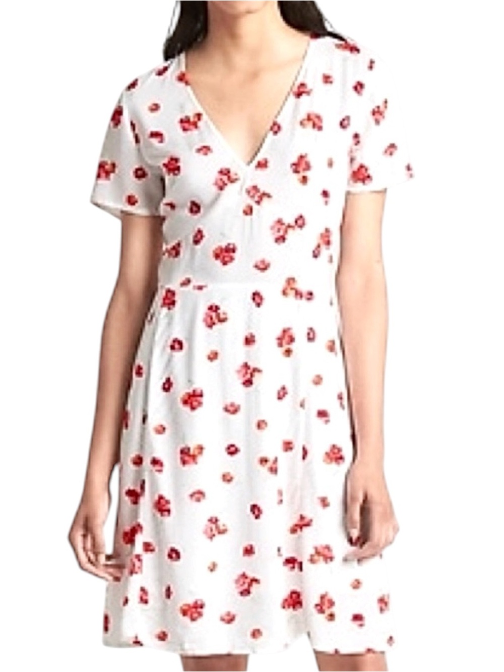 GAP Poppy Print Dress White Floral V-Neck Euro Summer Cottagecore 12 Milkmaid